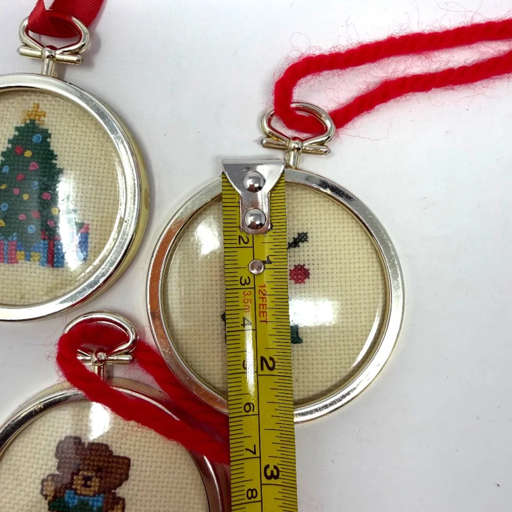 Lot of 5 Handmade Cross Stitch Christmas Ornaments Metal Frames Vintage